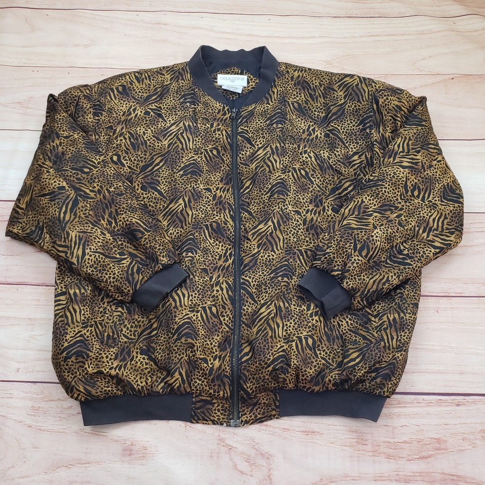 VINTAGE Casual Corner Bomber Jacket Women M Gold Silk Animal Print Leopard 90s